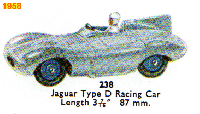 <a href='../files/catalogue/Dinky/238/1958238.jpg' target='dimg'>Dinky 1958 238  Jaguar Type D Racing Car</a>