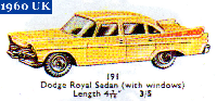 <a href='../files/catalogue/Dinky/191/1960191.jpg' target='dimg'>Dinky 1960 191  Dodge Royal Sedan</a>